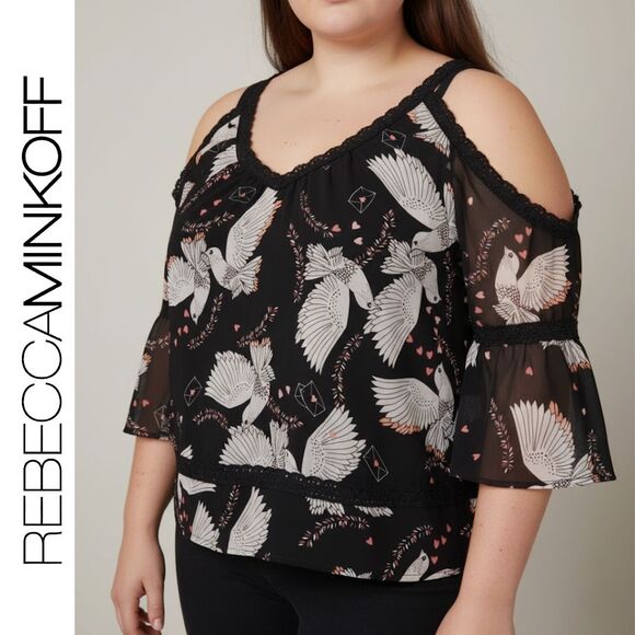 Rebecca Minkoff Blouse I Large I Cold Shoulder Shirt Top V Neck Lace Birds Black - Picture 1 of 7